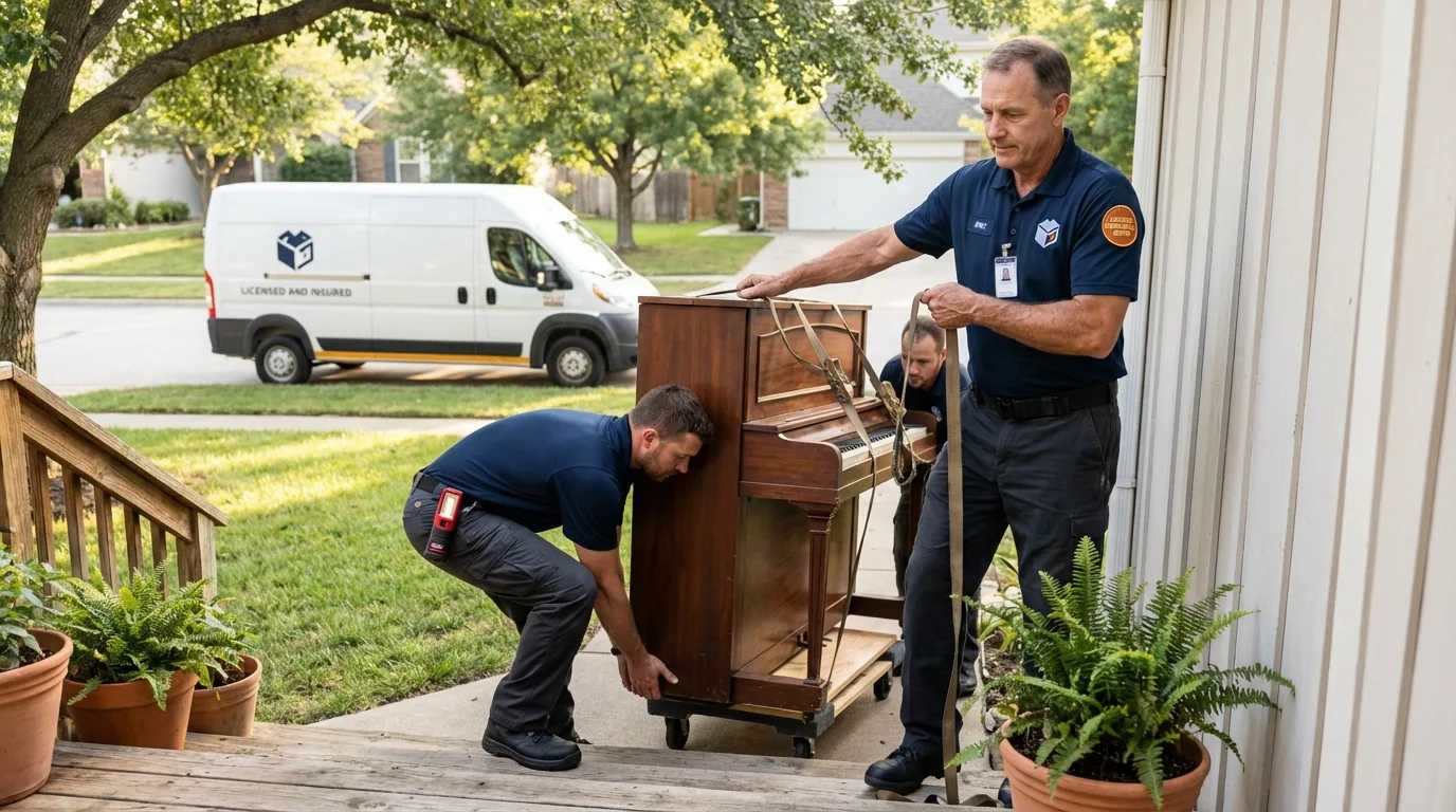 Licensed piano movers securing grand piano in Ballinger, TX