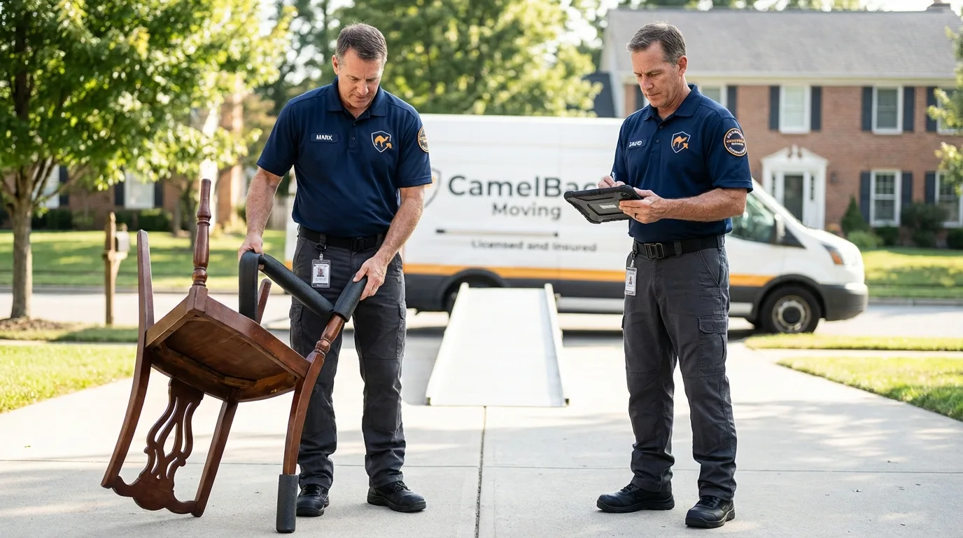 Movers inspecting furniture for damage prevention before loading in Ballinger, TX
