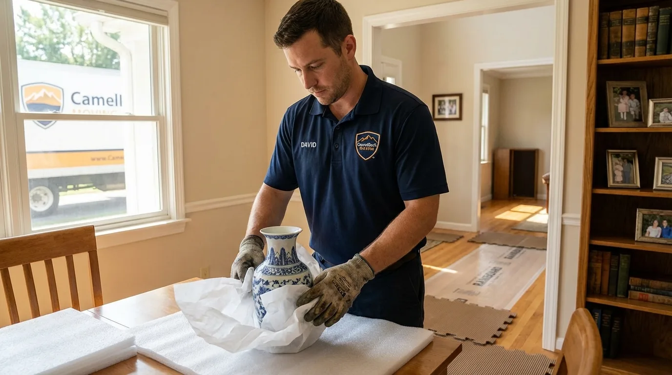 Professional crew carefully wrapping antique vase for senior downsizing move in Ballinger, TX